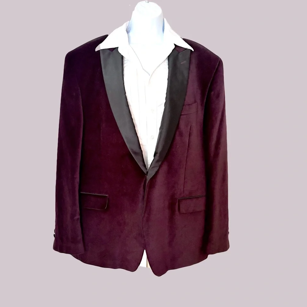 TALLIA 46R Velvet Dinner Jacket Tuxedo‎ Modern Fit Burgundy / Black